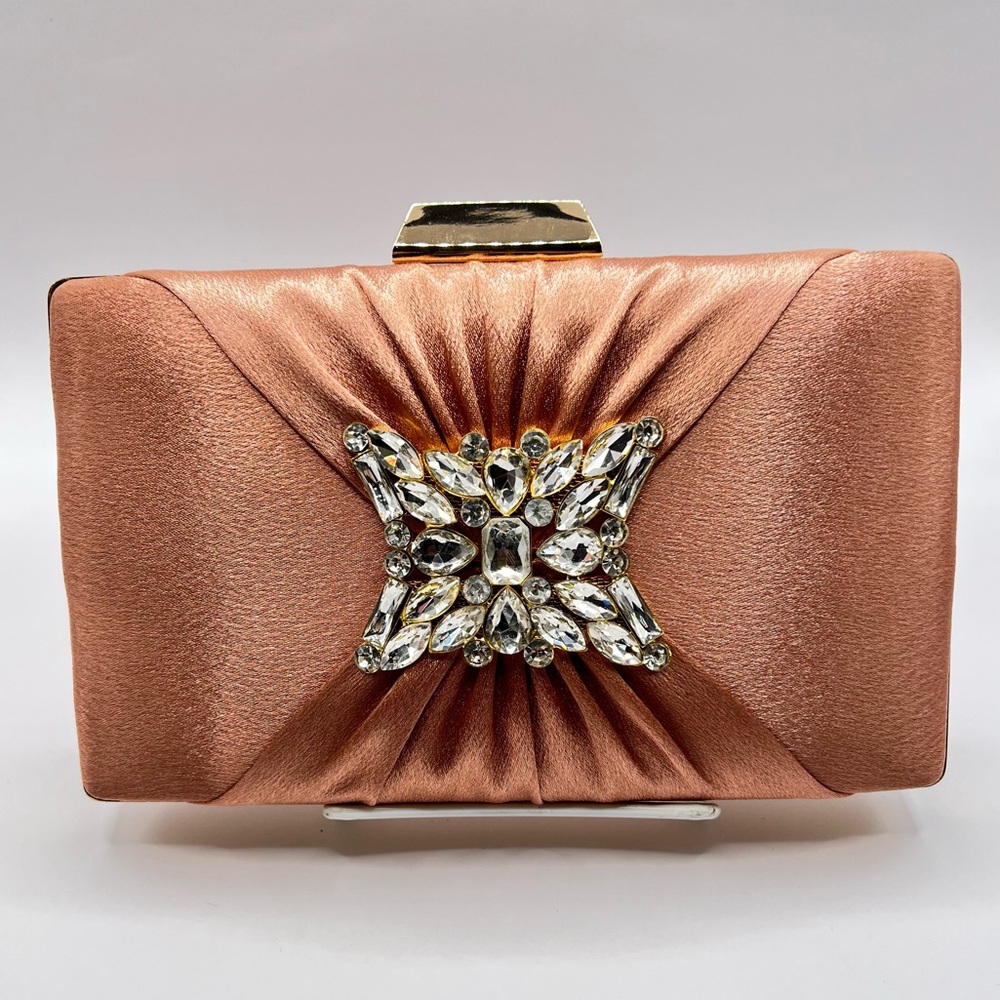 Hand clutch with emblem, chain - peach pink color
